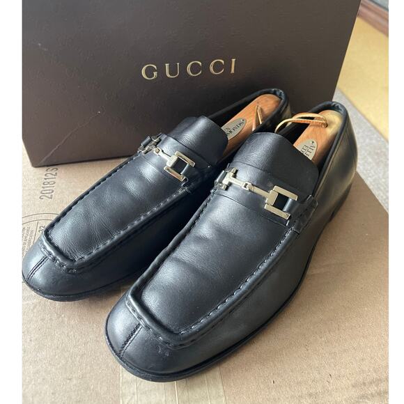 Gucci Mens 10.5/11 Leather Horsebit Loafers $1050 Dress Shoes Square Toe Black - Picture 1 of 13